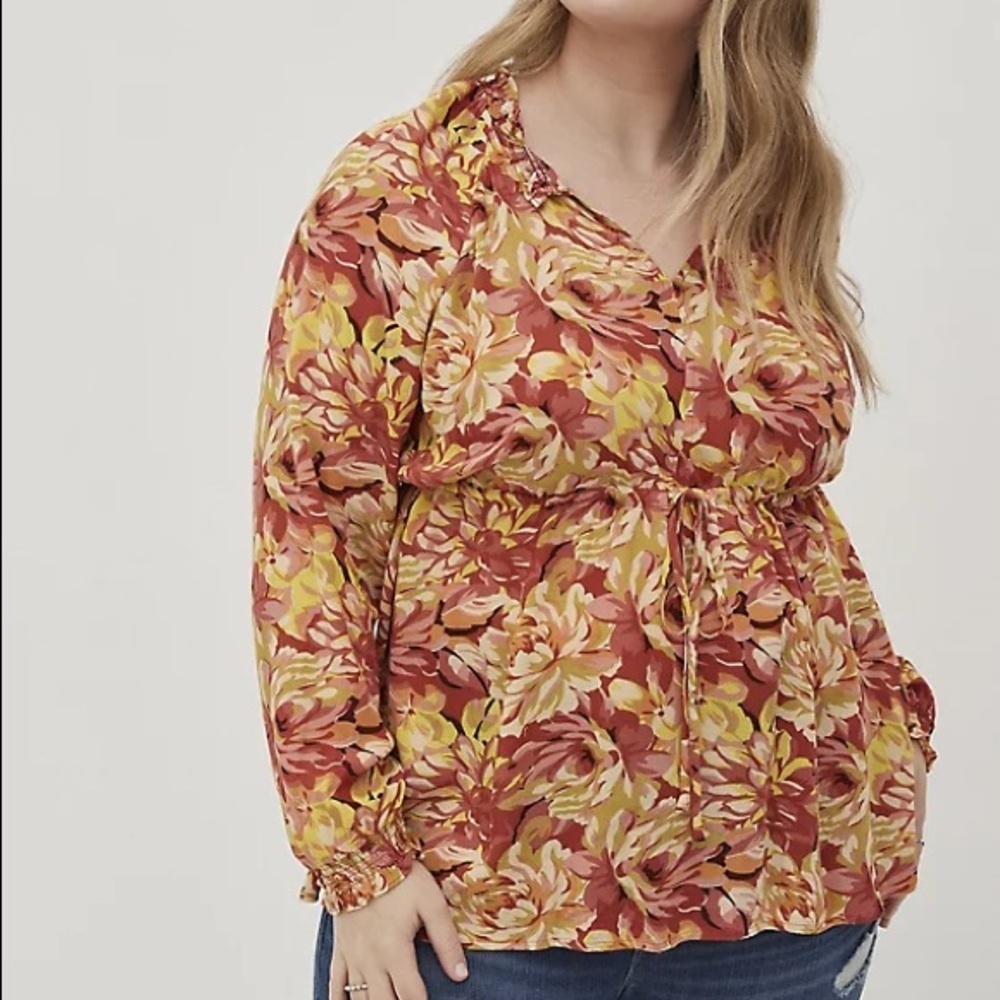 TORRID FALL ORANGE FLORAL RAYON CREPE TIE WAIST PEASANT TOP NWT 1X 2X